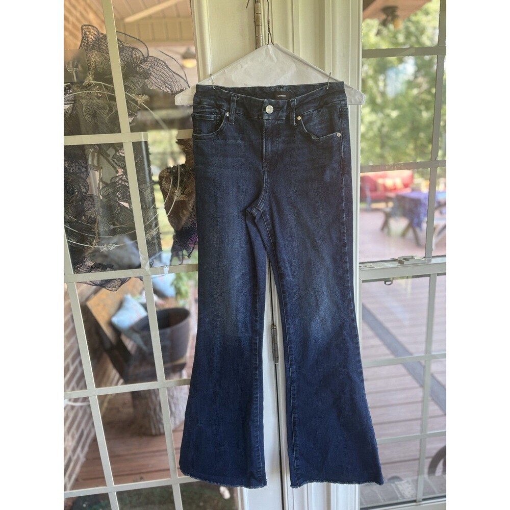 Express 70's Flare Dark Mid-Rise Frayed Hem Jeans- Small